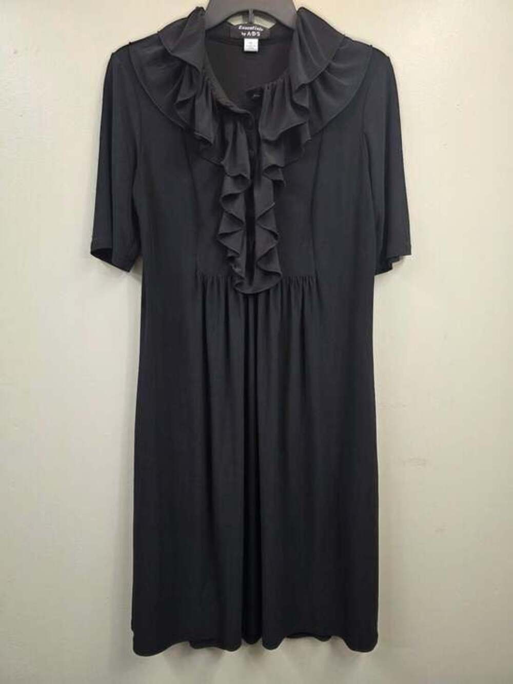 Essentials by A.B.S Black Ruffled Neckline Short Sleeve Knit Dress